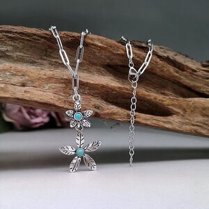 Bohemian Style  Necklace with Silver Tone Hardware and Turquoise Color Insets